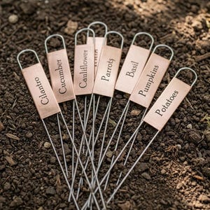May include: A set of seven copper-colored metal garden plant markers with wire stakes. Each rectangular tag features black printed text identifying specific plants: Cilantro, Cucumber, Cauliflower, Carrots, Basil, Pumpkins, and Potatoes.