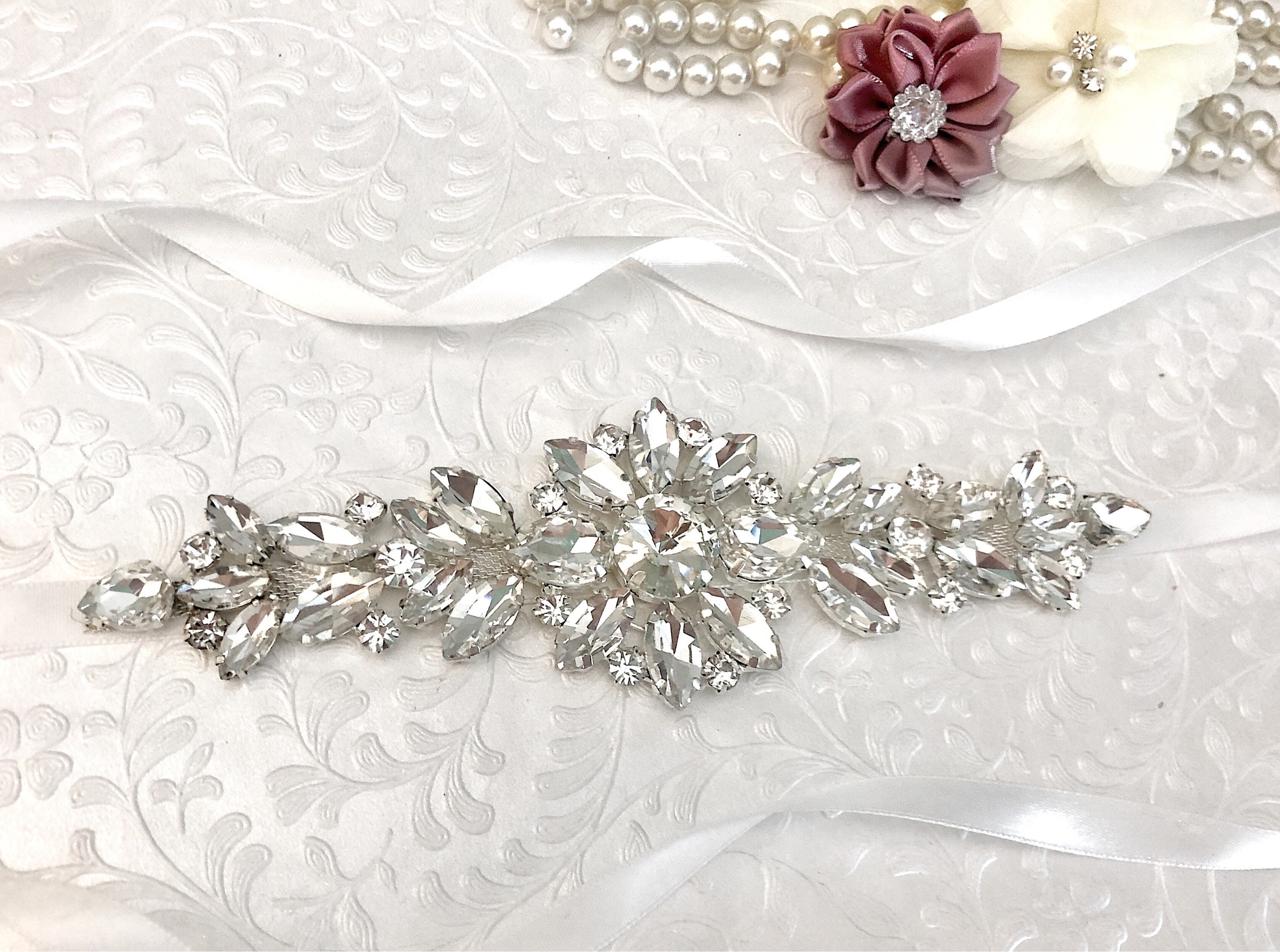 Floral Bridal Belt with Rhinestone Details Darlington Embellished Floral Bridal Belt with Beaded Drapes main image 2