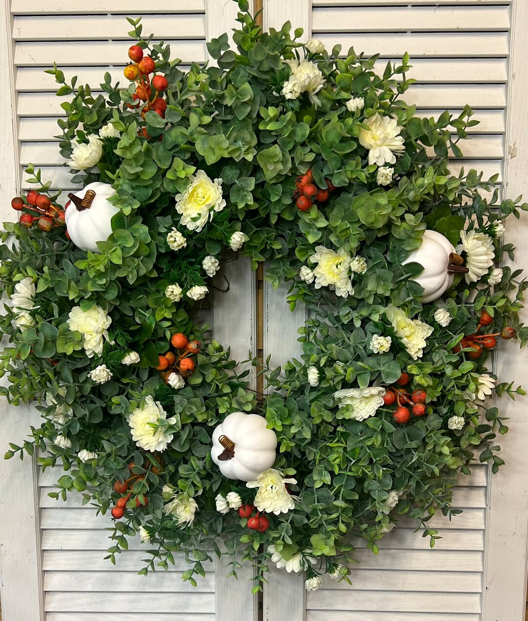 White Pumpkin Fall Wreath for Front Door / Orange Berry Fall Wreath ...