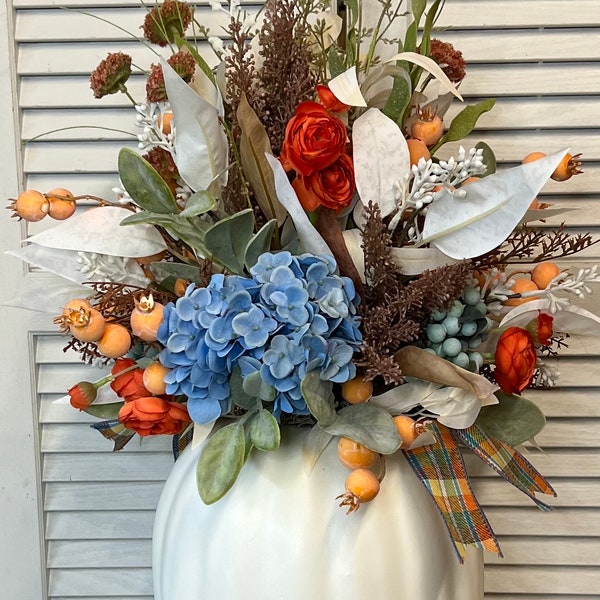 Fall Pumpkin Centerpiece for Table/ White  Pumpkin With Berries Fall Table Centerpiece/ Rustic Autumn Centerpiece with Berries