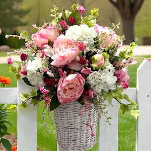 Spring /Summer Peony Basket for Front Door or Wall / Farmhouse Wreath / Peony Door Basket image 1