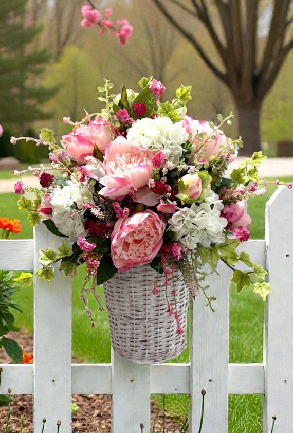 Spring /Summer Peony Basket for Front Door or Wall / Farmhouse Wreath / Peony Door Basket