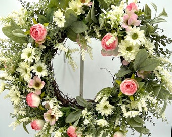 Spring Wreath for Front Door/  Welcome Wreath/ Spring Floral Wreath/ Spring White Daisy Wreath/ Mothers Day Wreath/ Farmhouse Wreath