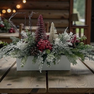 Christmas Centerpiece For Table / Christmas Tree  Floral/ Holiday Red Berry Centerpiece /  Snow Pine Floral Centerpiece