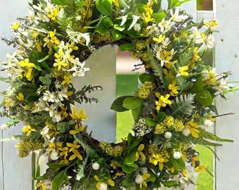 Handmade Spring Forsythia Wreath: White, Yellow Flowers, Greenery Home Decor
