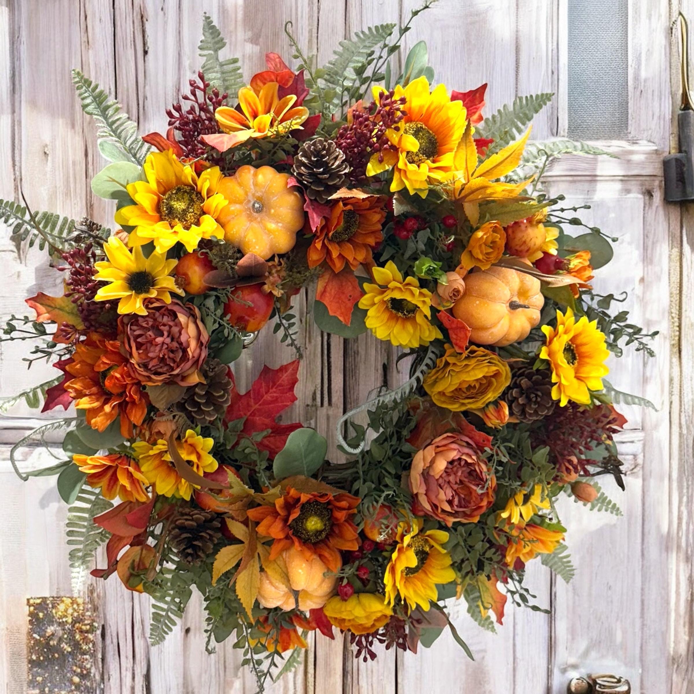 Fall Wreath for Front Door/ Autumn Door Wreath/ Hello Fall Wreath for Wall / Fall Sunflower Wreath/ Thanksgiving Wreath/ Yellow Sunflowers