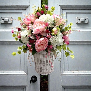 Spring /Summer Peony Basket for Front Door or Wall / Farmhouse Wreath / Peony Door Basket image 3