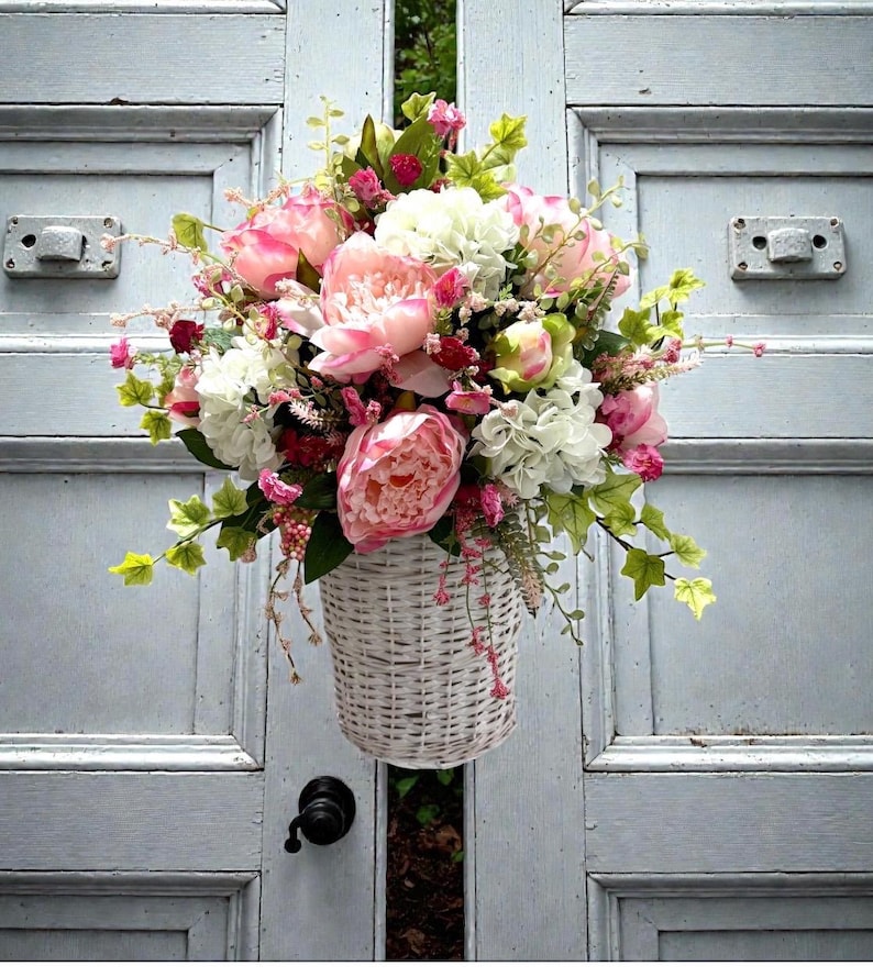 Spring /Summer Peony Basket for Front Door or Wall / Farmhouse Wreath / Peony Door Basket image 3