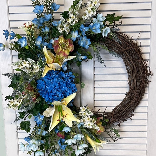 Spring Wreath for Front Door / Blue Delphinium Wreath / Spring Silk Flowers/ Summer Silk Flowers/ Silk Flower Wreaths