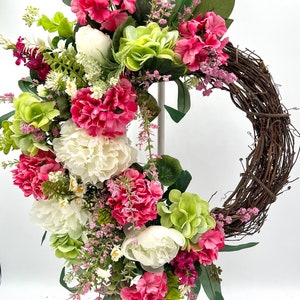 Spring /Summer Geranium Wreath for Front Door /Pink Summer Geranium Wreathfor Wall/White Peony Wreath  /Hydrangea Summer Wreath