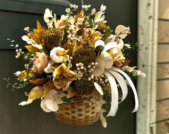 Handmade Autumn Door Basket With Roses, Pumpkins and Fall Foliage / Wicker Basket Arrangement