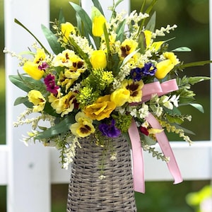 Spring Pansy Door Basket: Yellow Tulips, Greenery, Farmhouse Wicker Decor