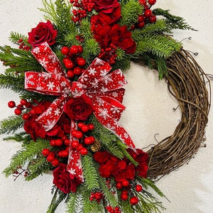 Christmas Wreath for Front Door / Red Velvet Hydrangea Holiday Wreath ...