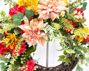 Spring Wreath for Front Door / Spring Wreath/ Summer Dahlia Wreath/ Farmhouse Door Wreath/ Spring Peach Wreath