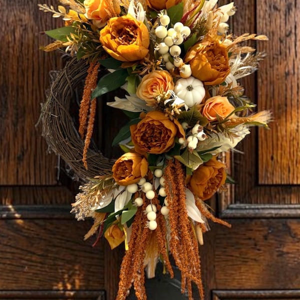 Fall Pumpkin Wreath for Front Door /Autumn Orange Peony Wreath/ Fall Orange Rose Wreath/ Fall White Berry Wreath/ Fall Door Wreath