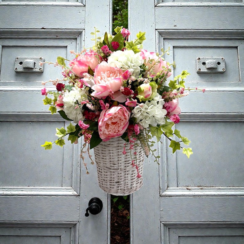 Spring /Summer Peony Basket for Front Door or Wall / Farmhouse Wreath / Peony Door Basket image 6