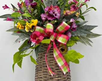 Spring Door Basket For Front Door/  Pansy Basket/ Pansy Door Basket/ Wall Basket/ Spring Flowers/ Spring Silk Flowers/ / Spring Flowers