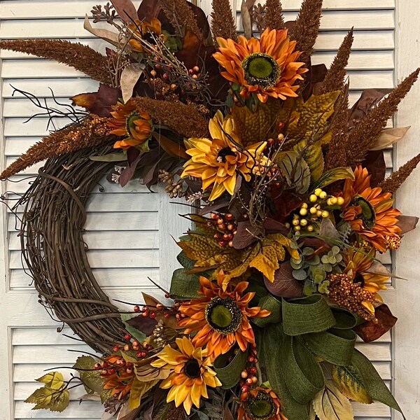 Fall Wreath for Front Door/ Fall Sunflower Wreath/ Orange Sunflower Wreath/ Primitive Wreath for Fall/ Fall Wheat Wreath