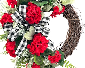 Spring/Summer Geranium Wreath for Front Door/ Red Geranium Wreath/ Pink Geranium Wreath/ White Geranium Door Wreath/ Farmhouse Wreath