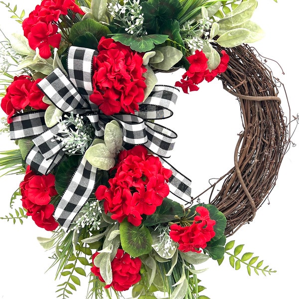 Spring/Summer Geranium Wreath for Front Door/ Red Geranium Wreath/ Pink Geranium Wreath/ White Geranium Door Wreath/ Farmhouse Wreath