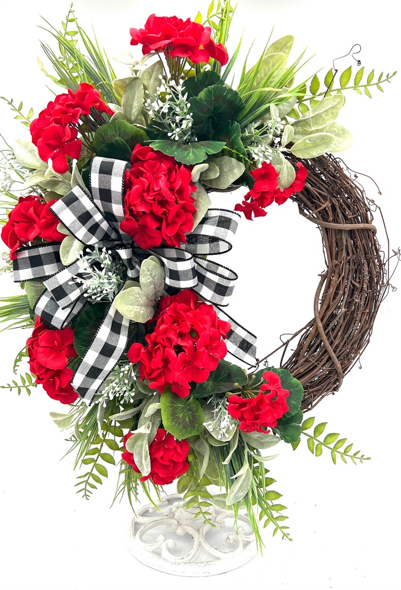 Spring/Summer Geranium Wreath for Front Door/ Red Geranium Wreath/ Pink Geranium Wreath/ White Geranium Door Wreath/ Farmhouse Wreath image 1