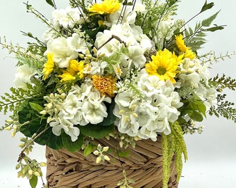 Spring /Summer Geranium  Basket  for Front Door/ Yellow Spring Door Baskey/ White Getanium /Farmhouse Wreath/ White and Yellow Door Basket