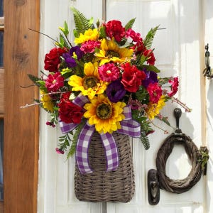 Summer/Fall Sunflower Door Basket / Farmhouse Door /Wall Basket / Red Geranium Basket / Spring Summer Wreath