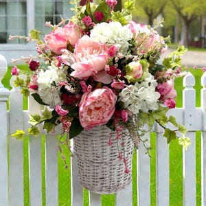 Spring /Summer Peony Basket for Front Door or Wall / Farmhouse Wreath / Peony Door Basket image 2