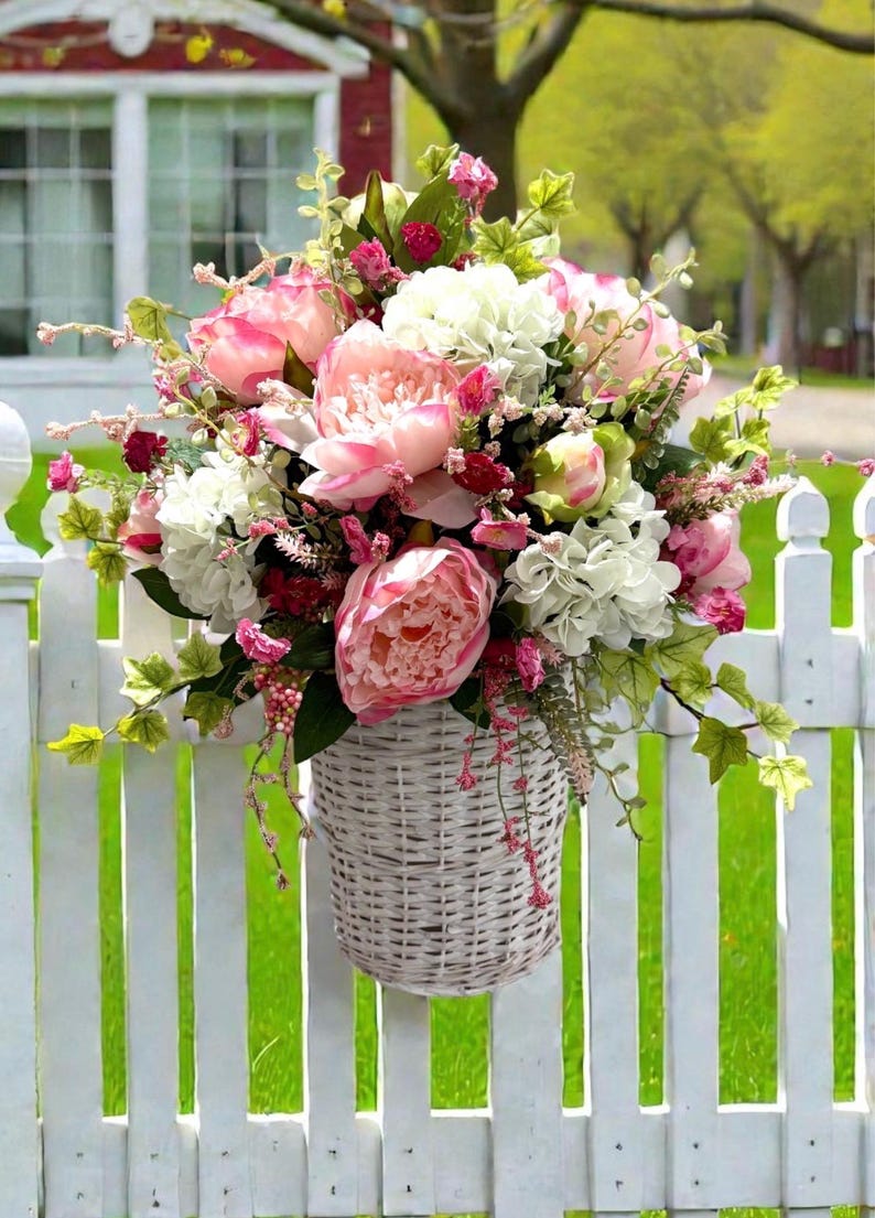 Spring /Summer Peony Basket for Front Door or Wall / Farmhouse Wreath / Peony Door Basket image 2