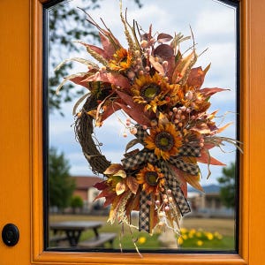 Fall Wreath for Front Door/ Fall Sunflower Wreath/ Orange Sunflower Wreath/ Primitive Wreath for Fall/ Fall Wheat Wreath