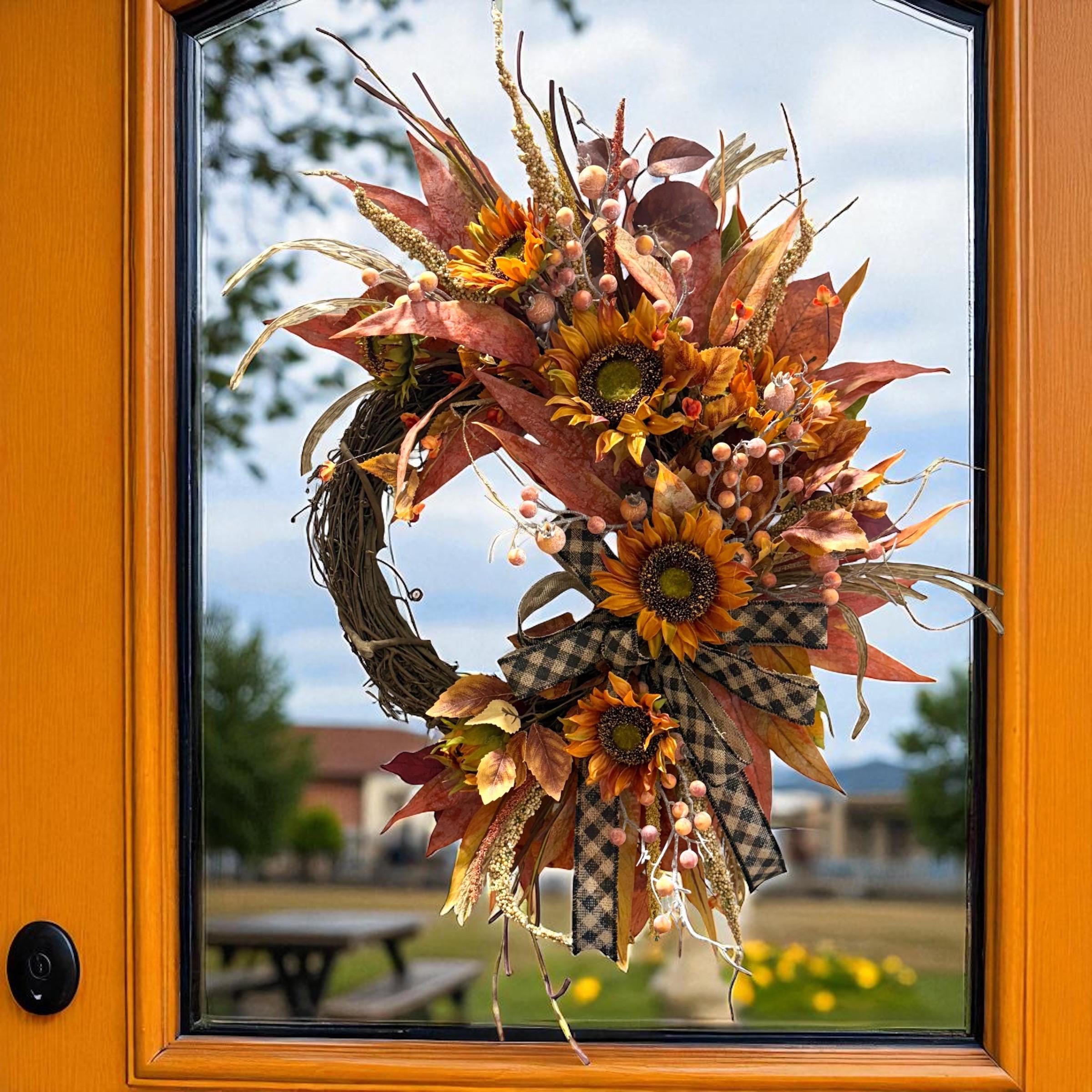 Fall Wreath for Front Door/ Fall Sunflower Wreath/ Orange Sunflower Wreath/ Primitive Wreath for Fall/ Fall Wheat Wreath