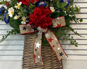 Patriotic  Basket for Front Door / 4th of July Door Basket /Red White and Blue Door Basket/ Farmhouse Basket / Summer Door Basket