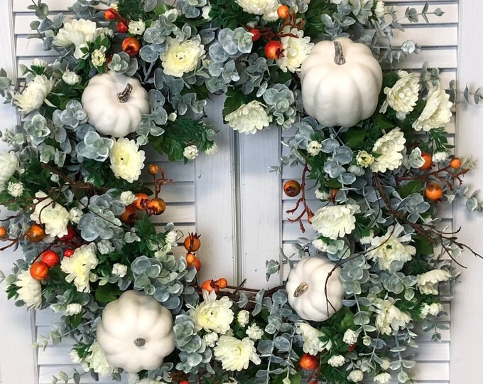 White Pumpkin Fall Wreath for Front Door / Orange Berry Fall | Etsy