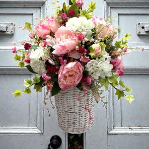 Spring /Summer Peony Basket for Front Door or Wall / Farmhouse Wreath / Peony Door Basket image 5
