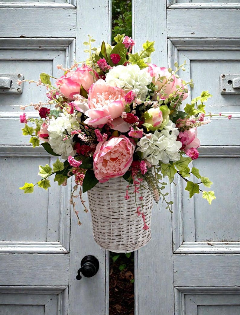 Spring /Summer Peony Basket for Front Door or Wall / Farmhouse Wreath / Peony Door Basket image 5