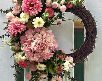 Pink Hydrangea Door Wreath: Ranunculus & Wildflower Wreath