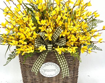 Forsythia Welcome Door Pocket  / Spring Basket for Front Door / Forsythia Easter Basket / Yellow Forsythia Wall Basket