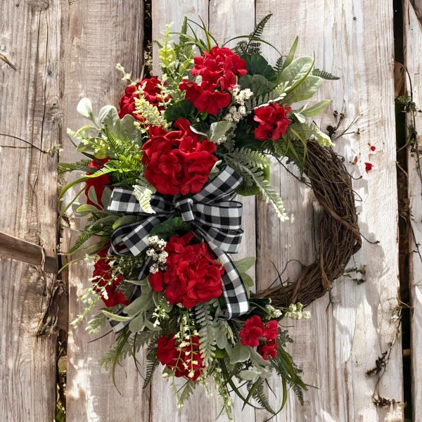 Red Geranium Wreath, Farmhouse Door Decor