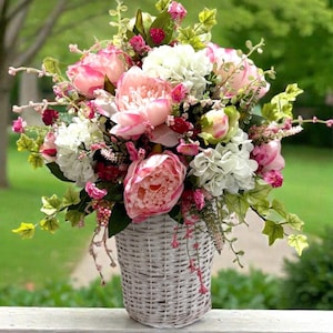 Spring /Summer Peony Basket for Front Door or Wall / Farmhouse Wreath / Peony Door Basket image 4