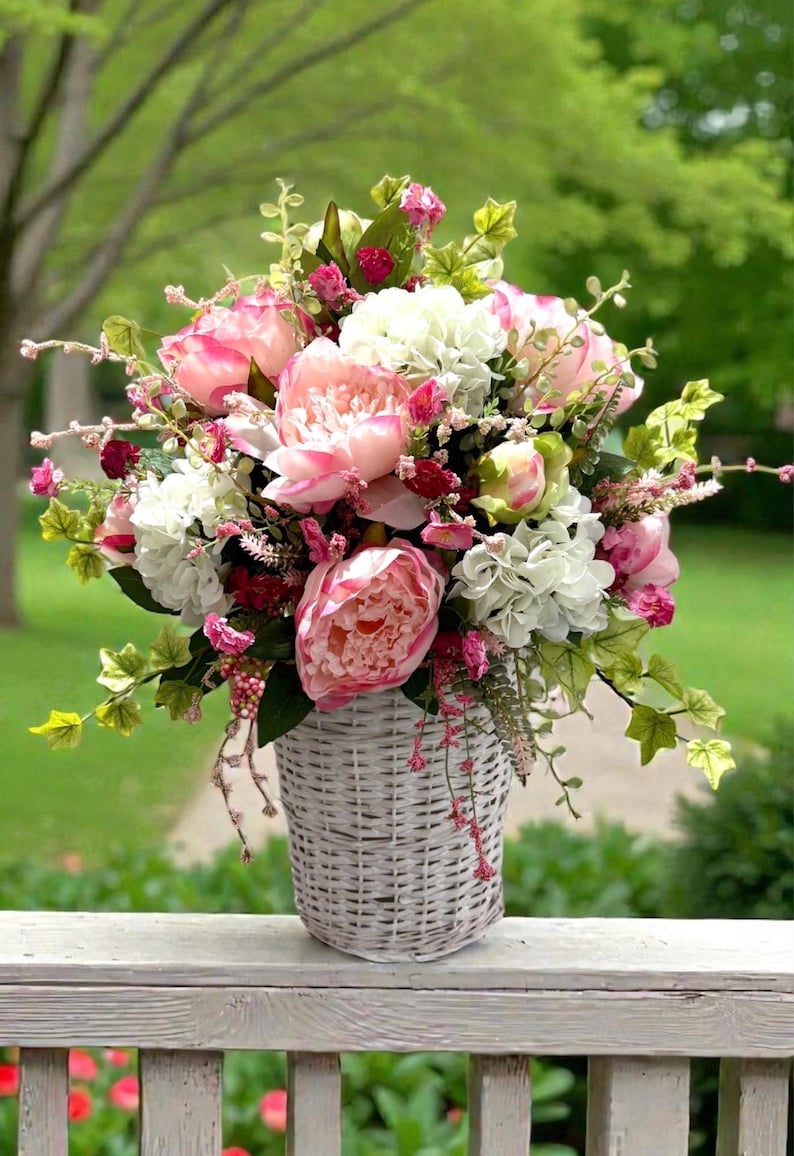 Spring /Summer Peony Basket for Front Door or Wall / Farmhouse Wreath / Peony Door Basket image 4