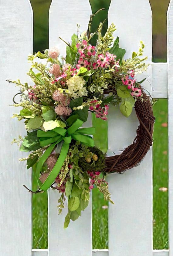 Pink Dogwood Spring Wreath / Bird's Nest Accent