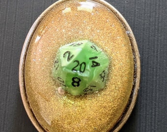 Mini Dice Pendant (oval) - Green & Gold D20
