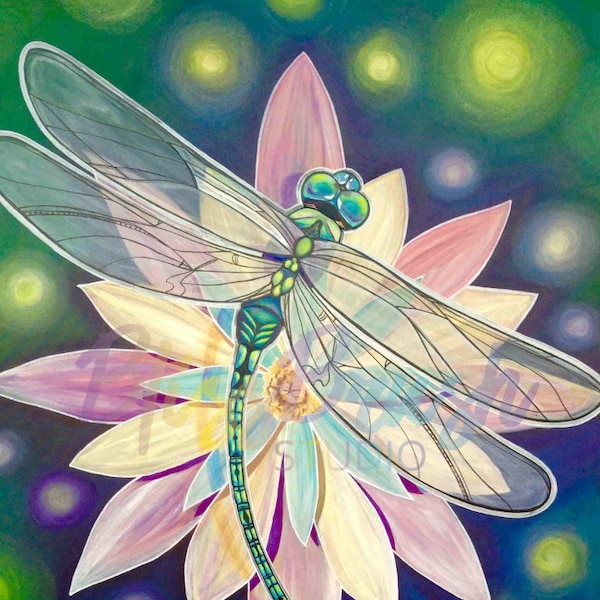 Dragonfly & Lotus Flower Monet Soft Lights Sapphire Blue Emerald Green Delicate Wings Pond Lily Limited Edition Painting Print FREE SHIPPING