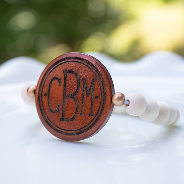 Custom Engraved Monogram Bracelet, Wood Bead Bracelet, Bridesmaid Gifts, Gifts for Her, Custom Jewlery