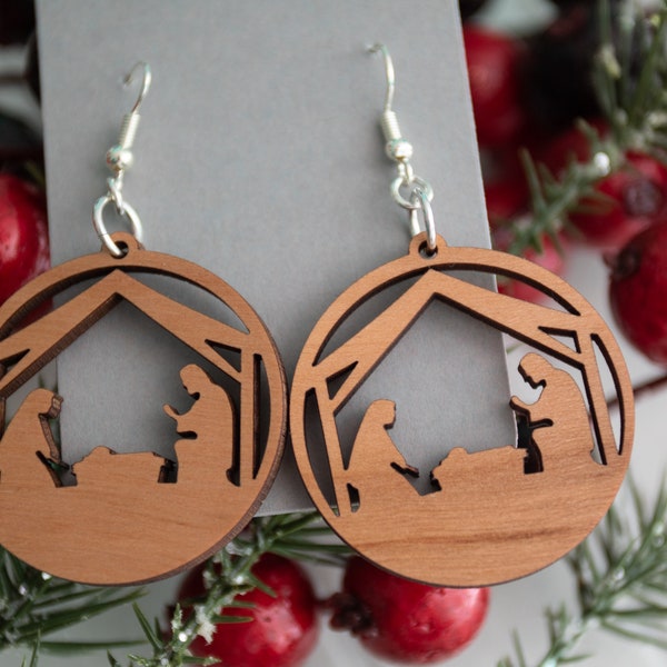 CHRISTMAS NATIVITY EARRINGS, Baby Jesus, Wood Earrings, Christmas Earrings, Handmade Jewelry, Gifts for Her, Stocking Stuffer, Unique Gifts