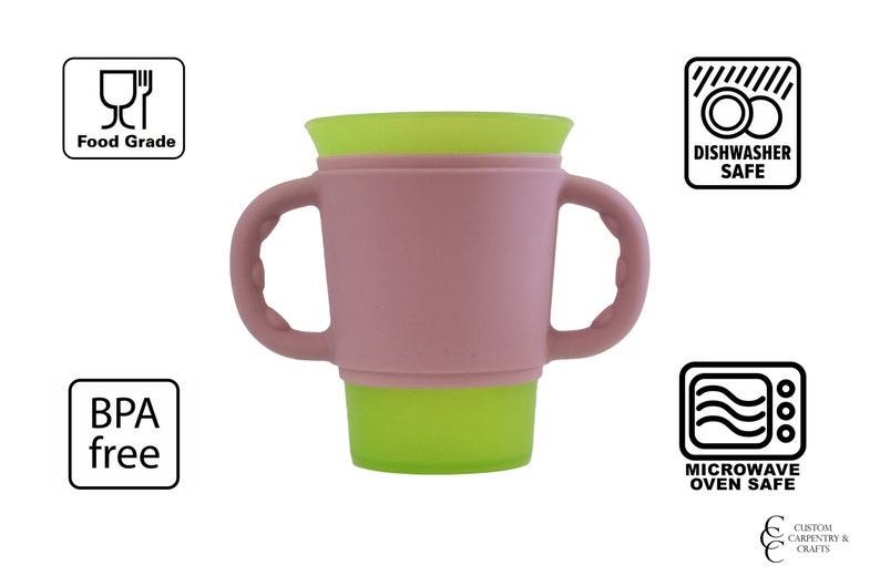 May include: A pink silicone cup with two handles and a green silicone lid. The cup is BPA free and dishwasher, microwave, and oven safe. The cup is food grade.