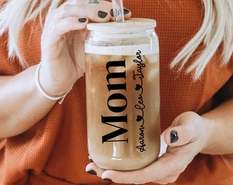 Custom Mom Glass Can, Libbey Glass Cup, Mama Iced Coffee Glass, Kids Name Glass Cup, Mothers Day Gift, New Mommy, Personalized Mothers Day