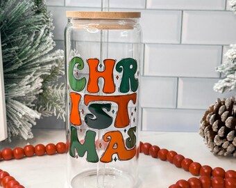 Christmas Hand Drawn Glass Cup, fall iced coffee cup, fall coffee cup, winter glass can, Christmas iced coffee glass cup, cute Santa holiday