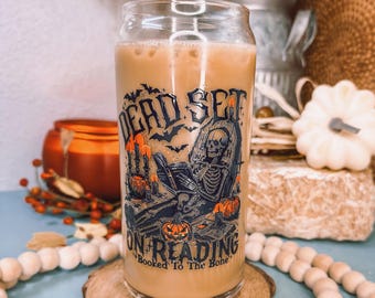 Dead Set On Reading Glass Cup, Bookish Halloween Iced Coffee Glass, Skeleton Reading, Libbey Glass, Teacher Librarian Gift, Book Lover