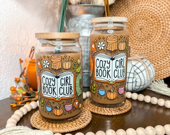 Cozy Girl Book Club Glass Can, Fall Bookish Iced Coffee Glass, Cottage Core Reading, Libbey Glass Can, Teacher Librarian Gift, Book Lover
